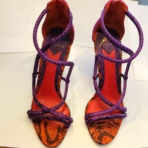 Brian Atwood Vibrant Purple and Orange Heeled Shoes with Strappy Design